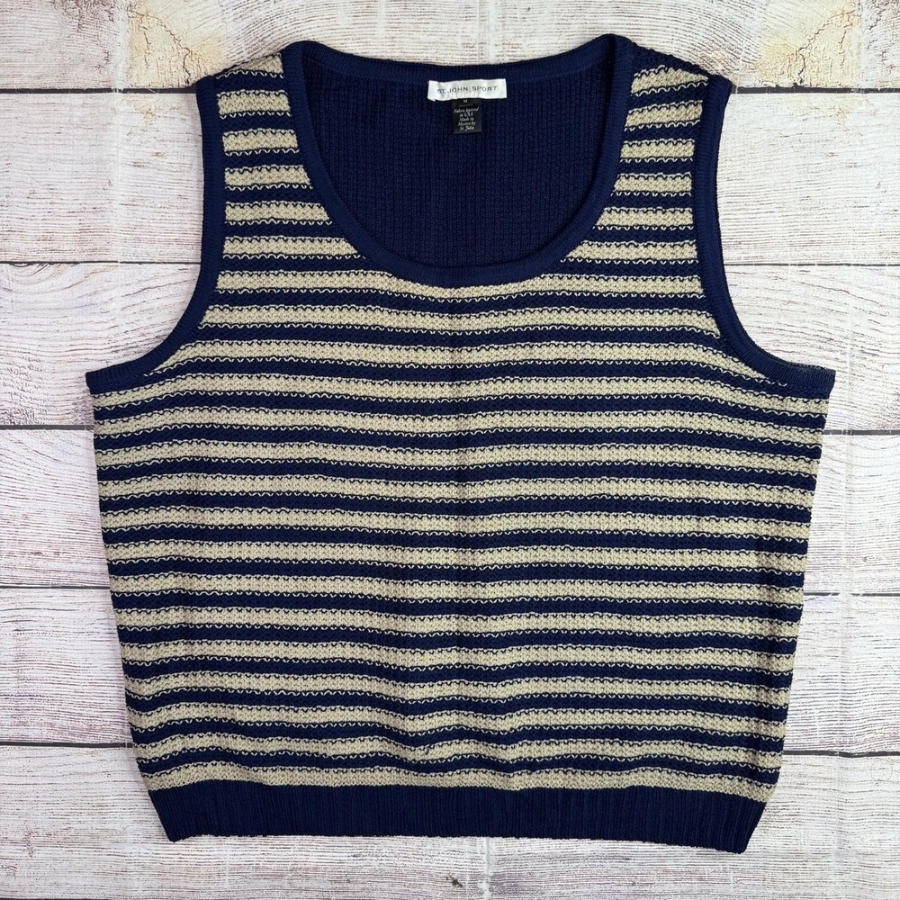 Vintage St John Sport Wool Knit Sweater Vest M Navy Gold Stripe‎ 90s USA